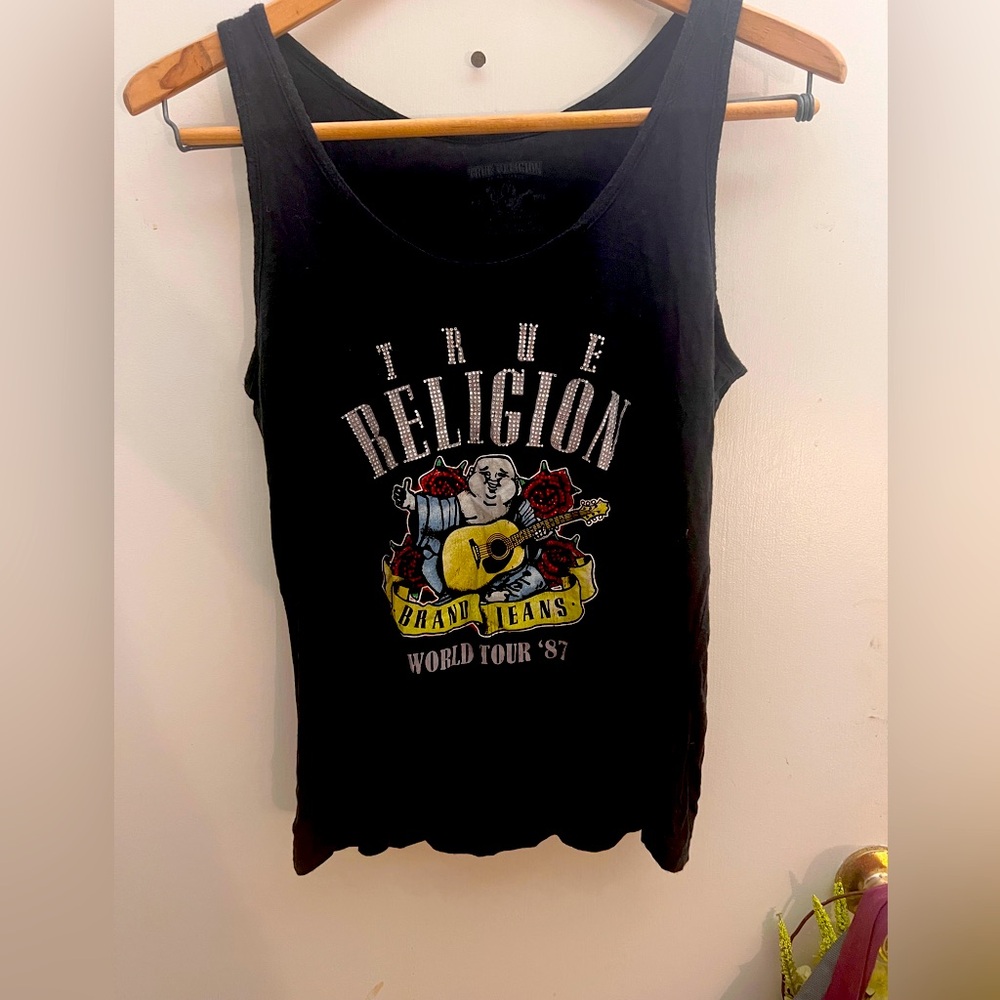 Y2K True Religion, Buddha playing guitar graphic design, black tank